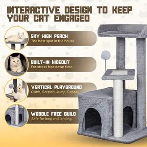 Meowster 29-Inch Cat Tree, Multi-Level Cat Tower with Sisal Scratching Board, Plush Condo, Top Perch & Pompom Toy, for 2-3 Small/Medium Cats