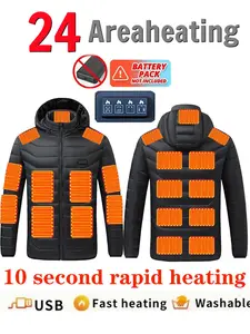 Heated Jacket for Men & Women with 24 Heating Zones - USB Powered Electric Warm Coat with 4 Switches to Control Heated Areas, Winter Hoodie for Motorcycle Riding & Camping, Non-Stretch Fabric Thermal Lined Outerwear