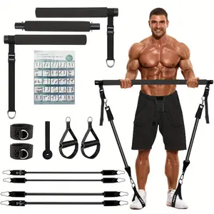 Adjustable 3-Section Pilates Bar Kit with 4 Resistance Band (30 and 50 Lbs), Portable Home Fitness Equipment, Suitable for Full Body Fitness, with Ankle Belt, Door Hook and Retaining Ring