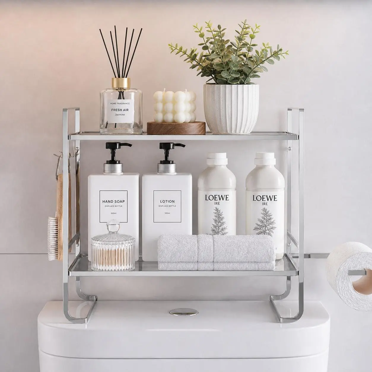 GARVEE Over The Toilet Storage Shelf Metal Above with 2 Hooks and Paper Holder No Drilling Toilet Organizer for Small Bathroom Space Saving Multi-Purpose Toilet Tank Organizer Rack Silver