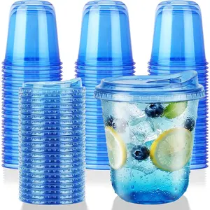 12oz Disposable Stemless Glasses With Strawless Sip Lids,PET Disposable Drinking Cups,Clear Plastic Wine Glasses for Parties Birthday,Wedding,Meeting,Christmas Party Supplies. (50, Blue)