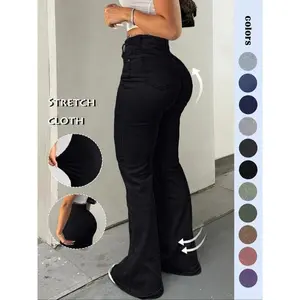 2025 Trendy Women’s Solid High-Waist Flare-Leg Denim Jeans (Bell-Bottom), Button Fly, Pocket Design, Stretchable and Comfortable for Autumn/Winter Daily Wear, Perfect for Casual Outfits