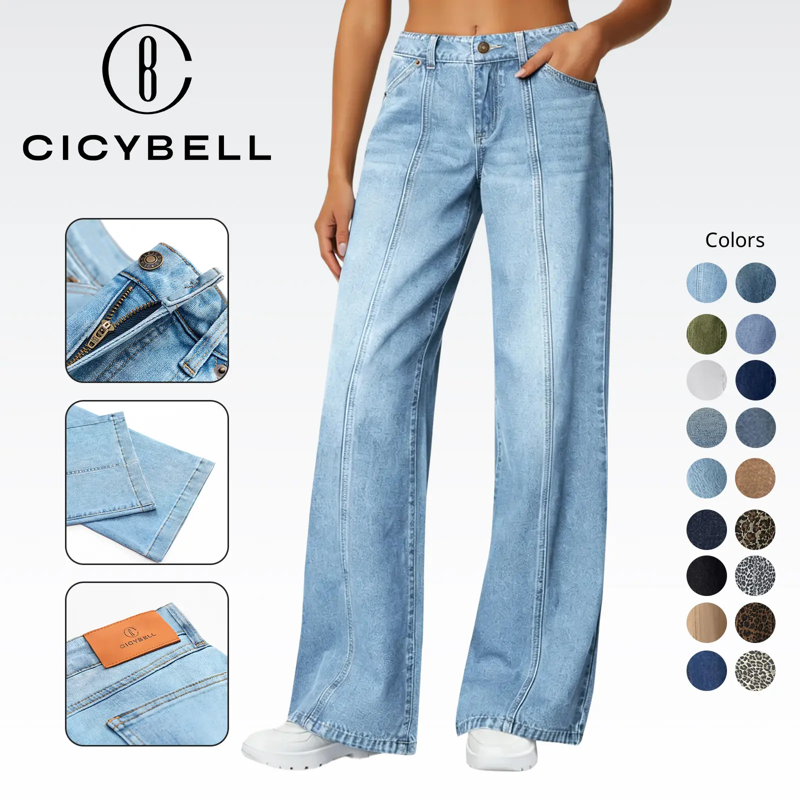 Cicy Bell Womens Wide Leg Jeans High Waisted Baggy Stretchy Front Seam Denim Pants with Pockets