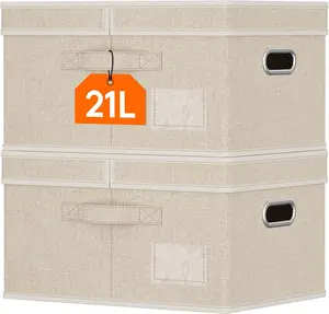 Lifewit Medium Clothes Storage Bins with Lids, Fabric Foldable Storage Boxes with Handles, Decorative Closet Organizer, Stackable Cube Baskets Container for Bedroom, Office, 2 Packs, 21L Beige