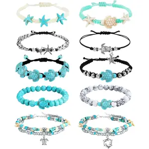 10 count Turtle Ankle Bracelets for Women   Starfish Sea Turtle Bracelet Adjustable Boho Summer Beach Bracelets for Women Men Bahamas Souvenirs