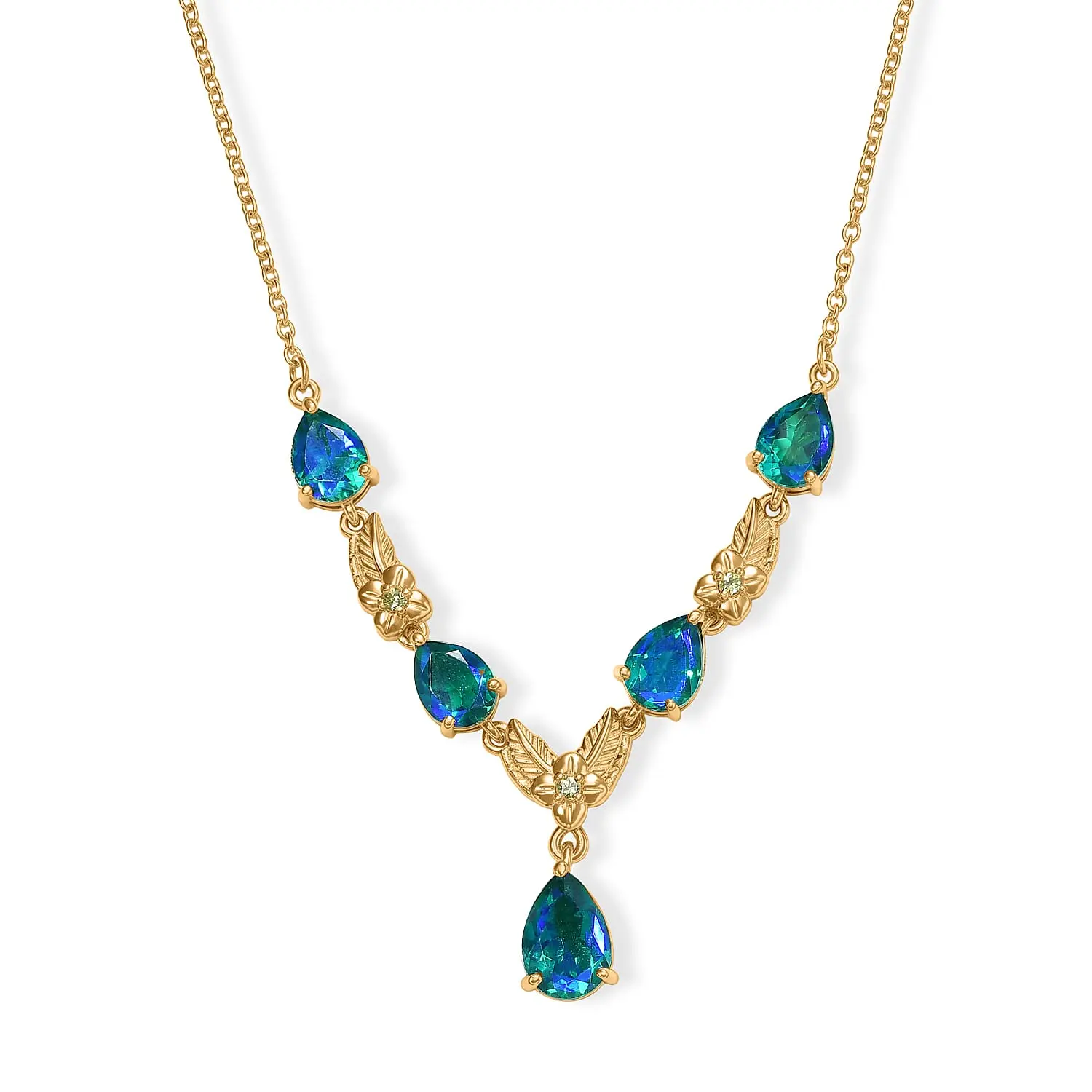 EverTrue Peacock Quartz (Triplet) and Hebei Peridot 7.60 ctw Royal Blossom Feather Necklace (18-20 Inches) in 18K YG Plated with ION Plated YG Stainless Steel