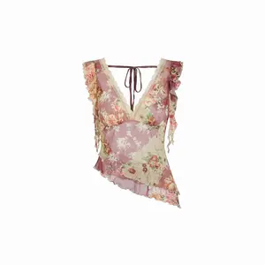 Cider Chiffon Floral V-neck Ruffle Sleeve Lace Trim Asymmetrical Hem Top
