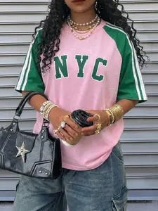 Women's Nyc Colorblock T-Shirt, Baseball Sleeve, Trendy Letter Print, Loose Fit, Casual Street Style, Spring Summer Wear