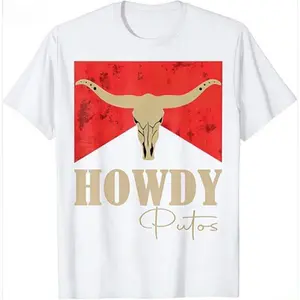 [100% Cotton] 100% Cotton Howdy Putos Bull Skull Country Cowboy Western Graphic T-Shirt T-Shirt For Men And Women