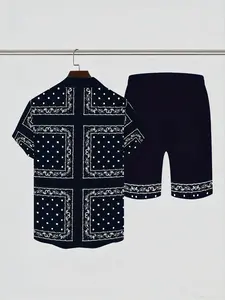Men'S Summer Tropical Geometric Pattern Casual Vacation Short-Sleeve Shirt And Shorts Set.
