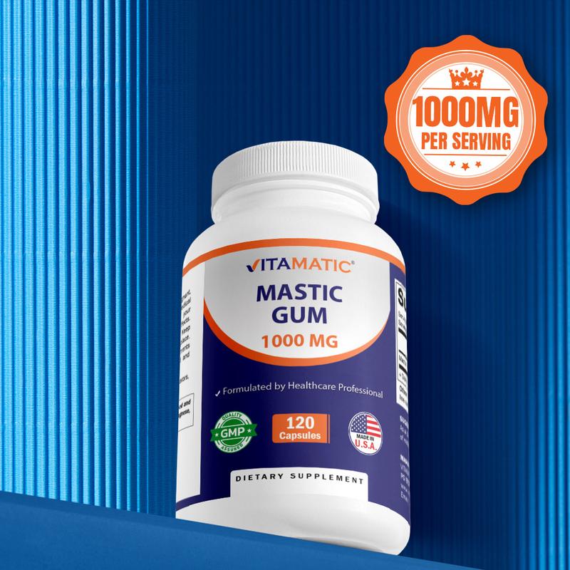 Vitamatic Mastic Gum 1000mg per Serving - Support Digestive Function, Gastrointestinal Health, Immune and Oral Wellness, 120 Capsules Edible Fitness