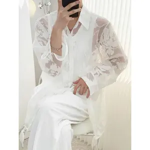 Men's Sheer Floral Long Sleeve Shirt with Turndown Collar - Single Breasted, Baggy Fit for Casual & Party Wear, Spring/Fall, White Polyester Fabric, Relaxed Style for Nightclub or Vacation
