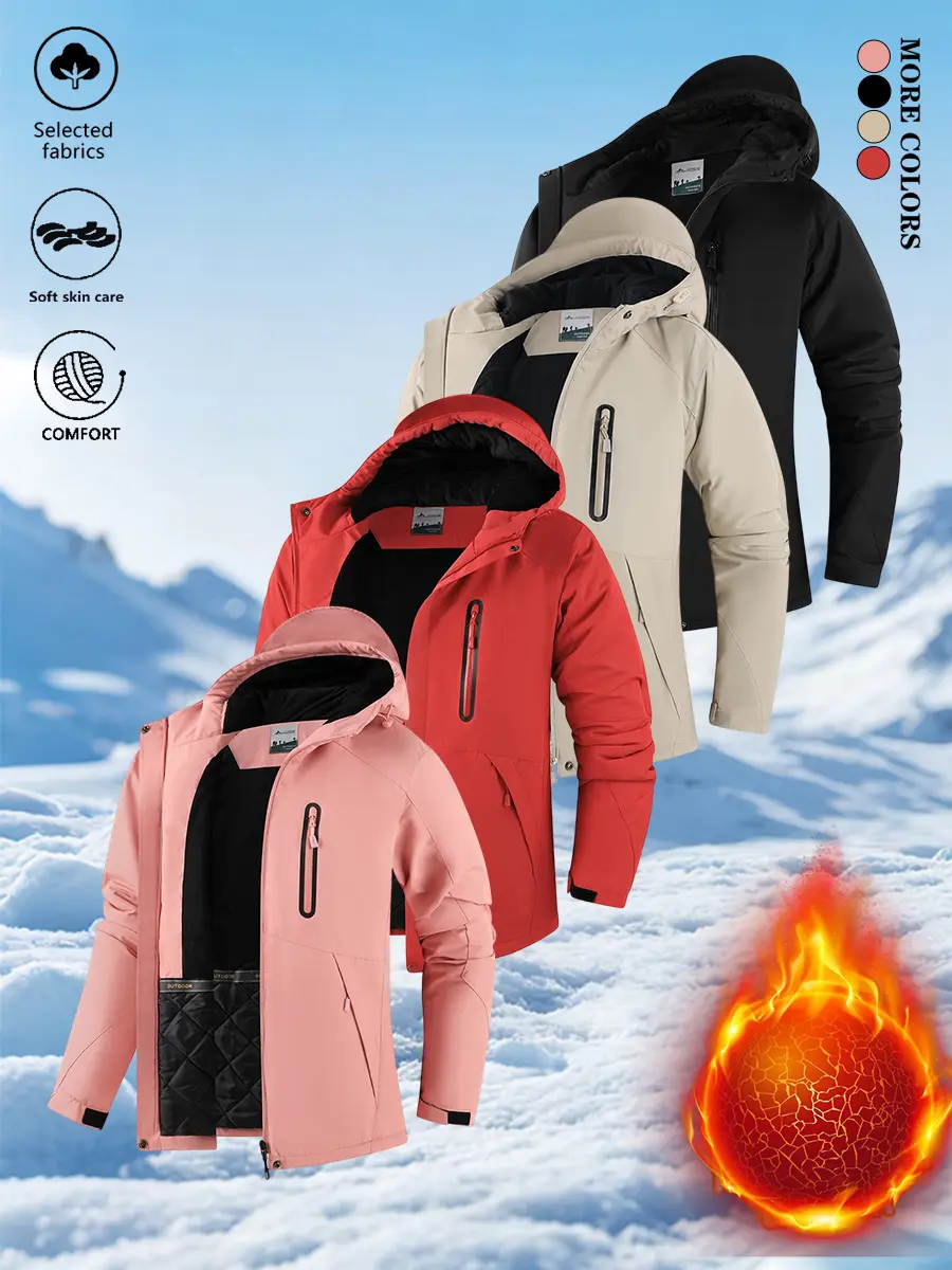 Women’s ski/snow jackets — outdoor heated apparel; warm hooded mountain winter jackets; hooded jackets; warm windproof jackets with pockets; snow coats; mountain windproof coats; multi-pocket winter outerwear; outdoor clothing; autumn new arrivals