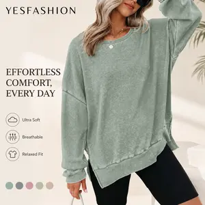 Yesfashion Women's Waffle Knit Oversized Crew Neck Long Sleeve Pullover, Casual Sweatshirt with Side Slits Lounge