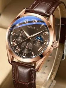 Men's Business Round Dial Analog Quartz Watch, Business Fashionable Watches, Vintage All-match Pu Leather Waterproof Wristwatch with Box, Fashion Watch for Men As Gift, National Day Offers