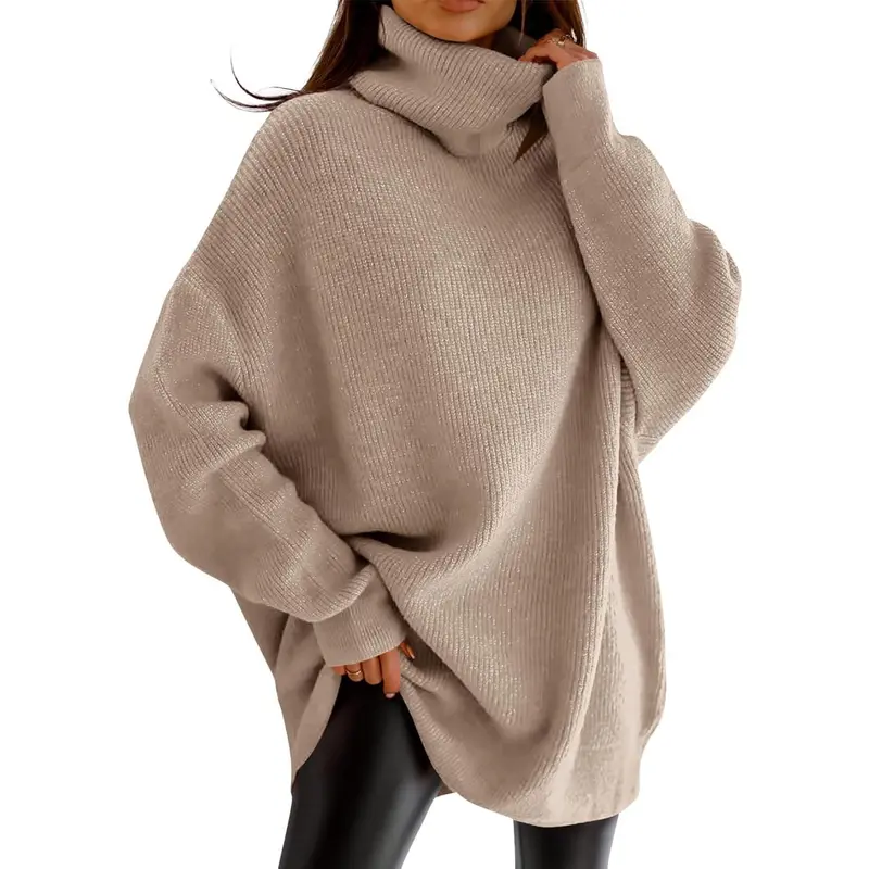 Saodimallsu Women's High Neck Oversized Rib Knit Pullover - Comfy Batwing Long Sleeve Loose Chunky Jumper, Nylon Fabric Womenswear for Casual Fall Wear