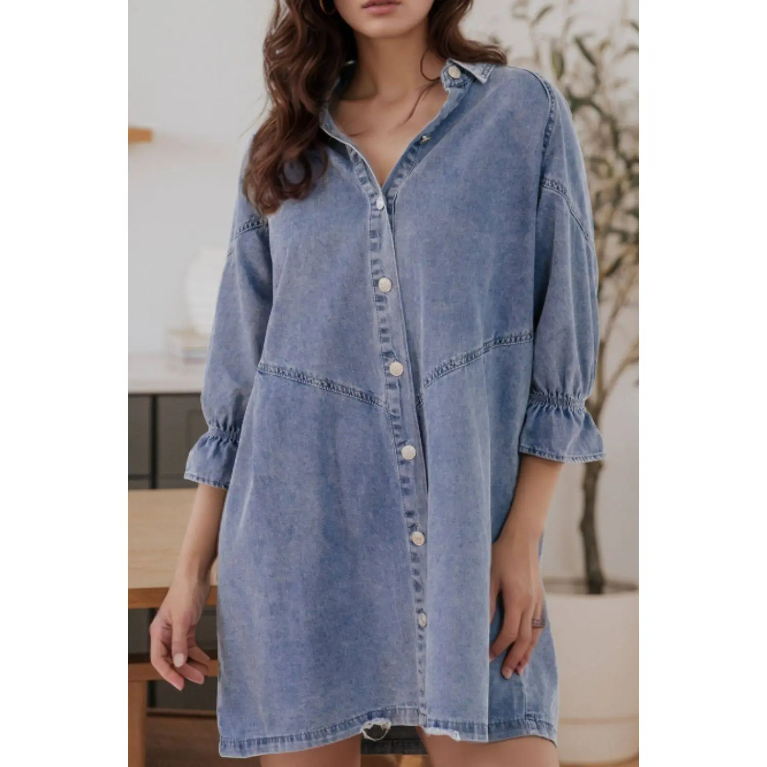 Distressed Denim Dress with Flounce Sleeves | Timeless Casual Elegance