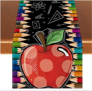 Apple Back to School Table Runner,Pencil First Day of School Decor,Rules and Books Decorations and Supplies for Home Classroom Party Table 13×72''
