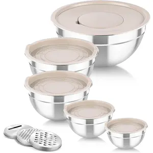 Mixing Bowls with Airtight Lids, 5PCS Stainless Steel Metal Salad Bowl with 3 Grater Attachments, for Cooking, Prepping, Serving, Healthy & Easy Clean - 0.7/1/1.5/2.6/4.6QT, Khaki