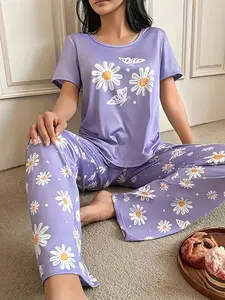 Women's Floral Pajama Set, Casual Fitted Two-Piece, Short Sleeve Top and Long Pants, All Seasons Comfortable Sleepwear