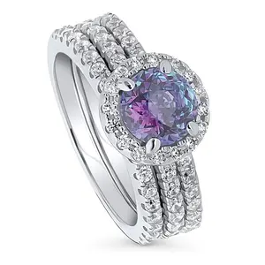BERRICLE Sterling Silver Halo Kaleidoscope Engagement Rings Statement Stackable Band for Women, Purple Aqua Round Cut Cubic Zirconia CZ Ring Set