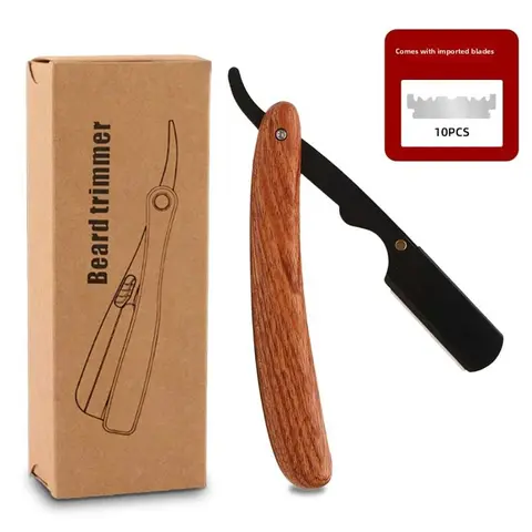 Professional Men's Facial Shaver, Face Shaver, Straight Razors, Straight Edge Barber Wood Handle Razor with 10 Replaceable Blades, Manual Daily Beard Shaving Care Tool