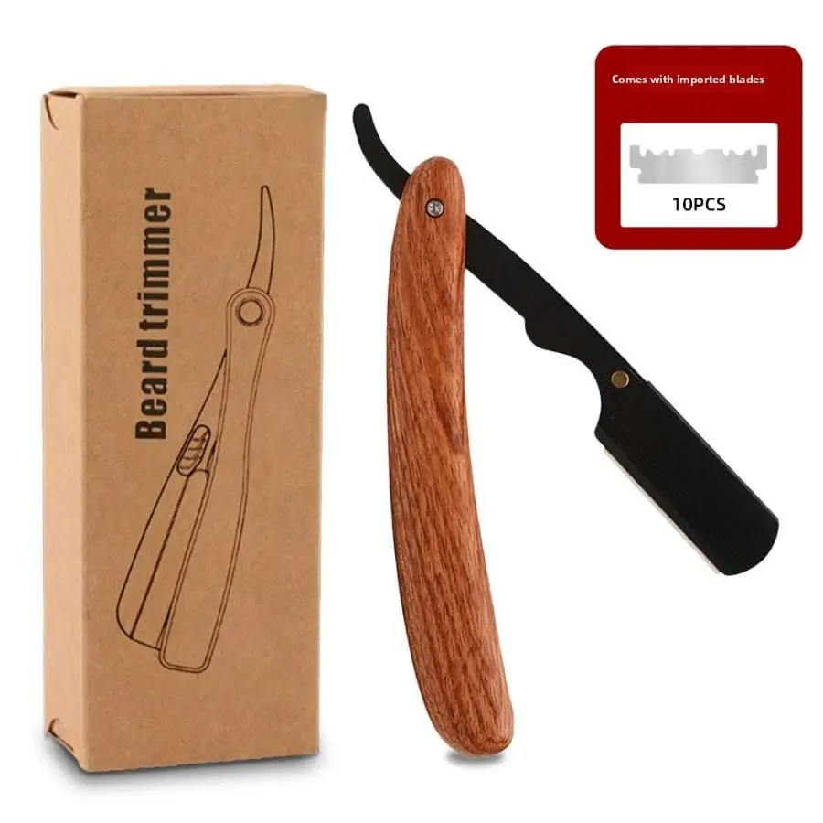 Professional Men's Facial Shaver, Straight Razors, Straight Edge Barber Wood Handle Razor with 10 Replaceable Blades, Manual Daily Beard Shaving Care Tool