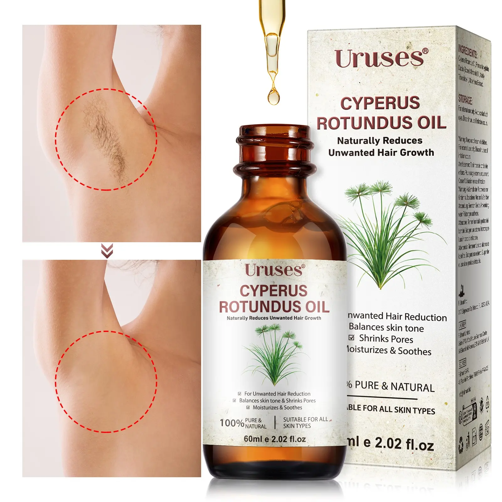Uruses Cyperus Root Hair Removal Oil 60ml, Body hair remover, Hair removal product, improves rough skin, with consistent use, hair becomes finer, softer, and sparser, helps reduce coarse, dark stubble, suitable for all over the body