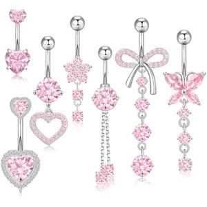 7PCS Pink Dangle Belly Button Piercing Surgical Belly Button Ring Cute Heart Butterfly Flower Dangling Belly Piercing Jewelry for Women