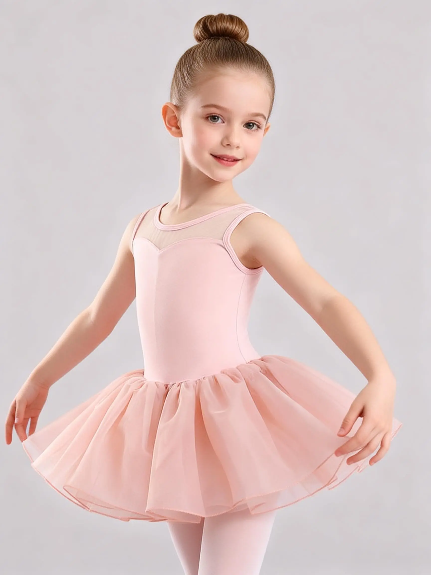 Girls’ Dusty Pink Ballet Mesh Dress – Sleeveless Mesh Top with Mesh Neckline for Dance Practice