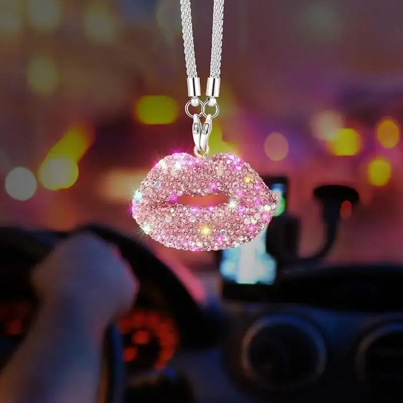 Rhinestone Decorated Lip Shaped Car Rearview Mirror Hanging Ornament, Car Rearview Mirror Decoration, Car Decorations, Car Interior Decoration Accessories, Girly Car Accessories, Car Ornaments