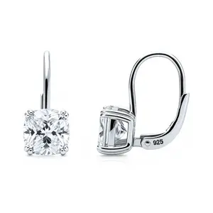 Solitaire 4ct Cushion CZ Leverback Earrings in Sterling Silver