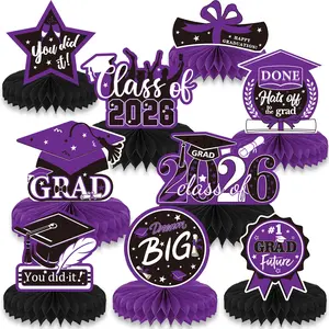 9PCS Purple Graduation Party Decorations Class of 2026 Congrats Grad Honeycomb Centerpieces Purple Congratulate Table Toppers for Party Favor Supplies Graduation Gifts