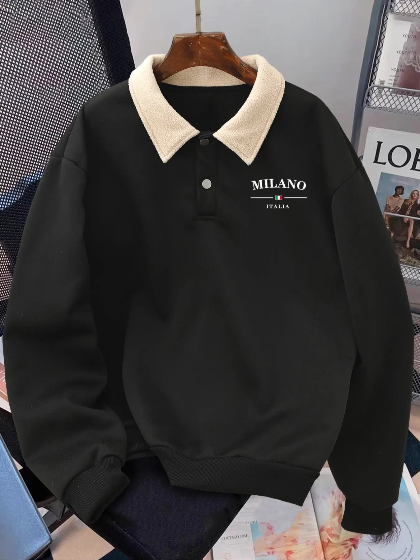 Men's Letter Print Polo Sweatshirt, Milano Design, Fleece Collar, Warm Fabric, Casual Fall Winter Daily Wear