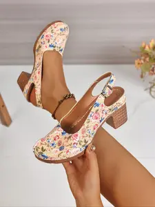 Women's Fashionable Floral Pattern High Heel Sandals, Elegant Sandals, Casual Comfortable Round Toe Sandals for Summer, Female All-match Shoes for Daily Wear, Girl