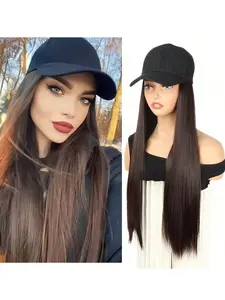Elegant Long Straight Yaki Synthetic Wig with Adjustable Baseball Cap, Heat-Resistant Fiber Material, Comfortable Wear, Ideal for Daily Casual