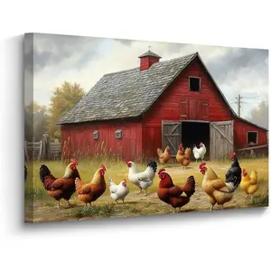 Chicken Picture for Kitchen Country Rooster Canvas Wall Art Rustic Farm Animal Painting Prints for Farmhouse Dining Room Decor Framed (12L x 16W)
