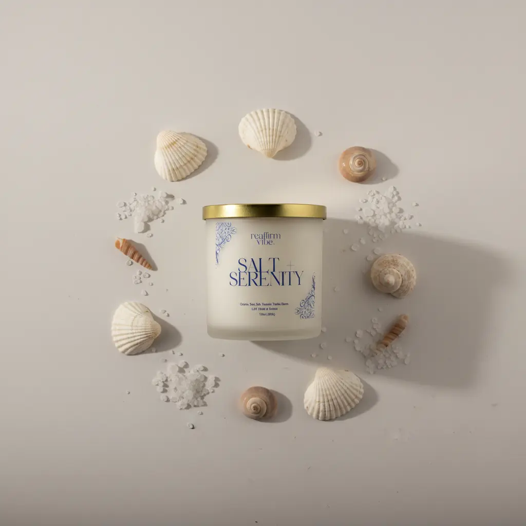 Salt & Serenity Candle - Clean Aquatic Warm Musk Scent with Ozone Sea Salt Freesia Tonka Bean Light Musk Amber - 10 Ounce Frosted Vessel Hand Poured for 40+ Hour Burn Time