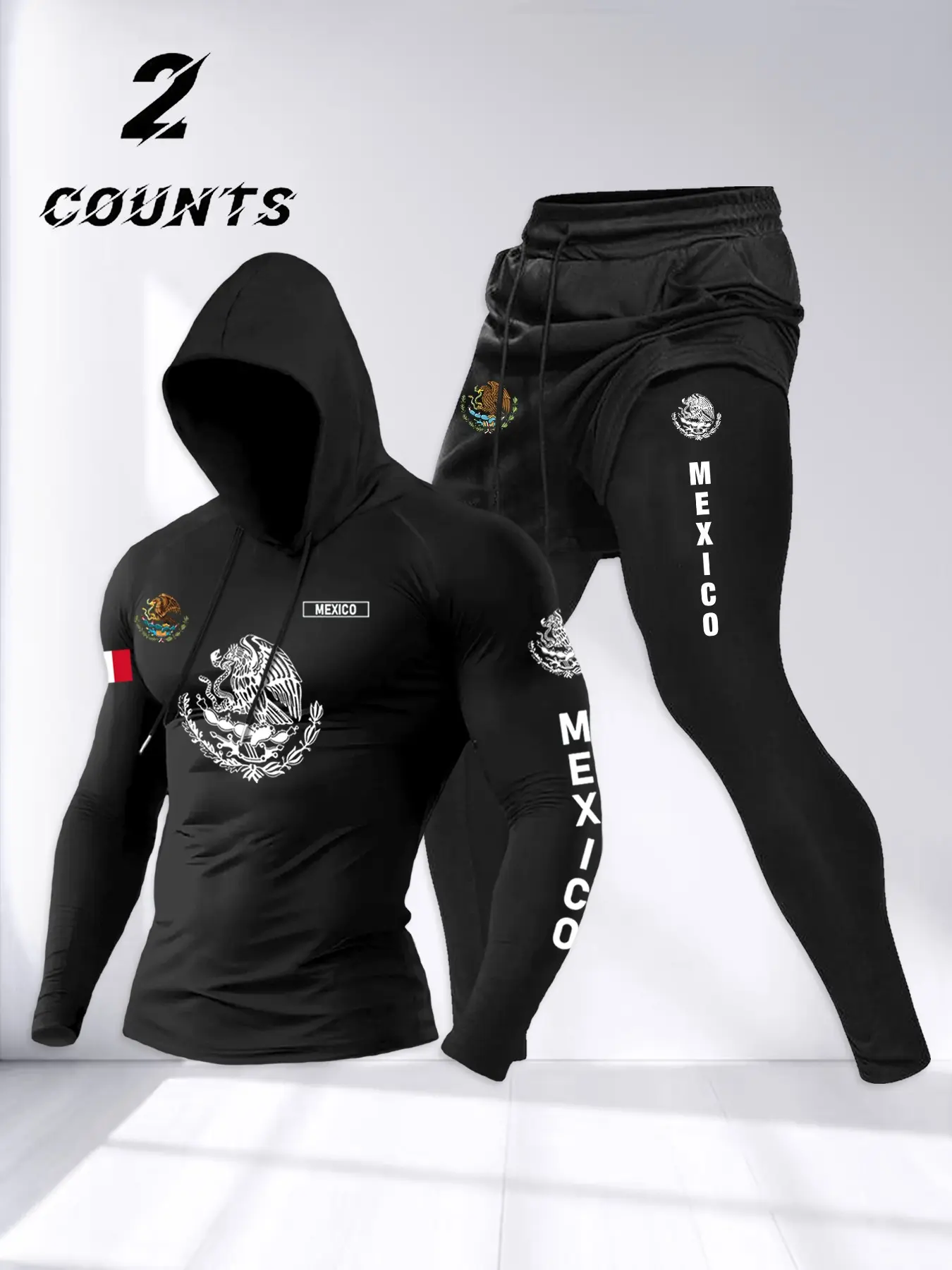 Men's Spring Summer Hooded Sportswear Set, Mexican Theme Letter Flag Eagle Snake Pattern, Drawstring Long Sleeve Tee + Pants, Casual Fashion 2 Piece Tracksuit Set