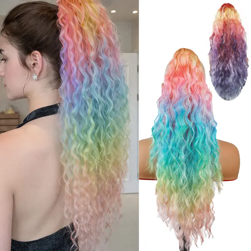 24Inch Omber Colorful Claw Clip Ponytail Extensions Long Curly Synthetic Pony Tails Hairpieces Extension for Women Girls Daily Party Cosplay Use  Wavy Wiglet