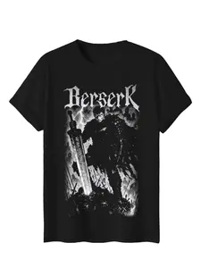 Berserk Guts Dark Fantasy Graphic Fitted T-Shirt – Black Short Sleeve Berserk Manga Anime Tee, Guts & Dragonslayer Sword Print Top, Perfect Gift for Berserk Fans & Dark Fantasy Enthusiasts