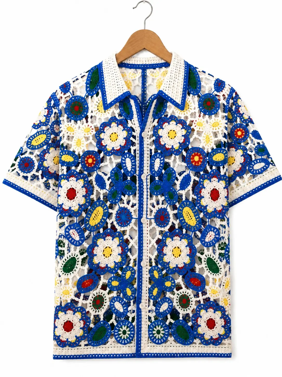 Menswear Men's Blue Acrylic Fiber Crochet Knit Shortsleeve Polo Shirt - Front Button Design, Stylish Bohemian Openwork Tops, Suitable for Summer Holidays, Travel