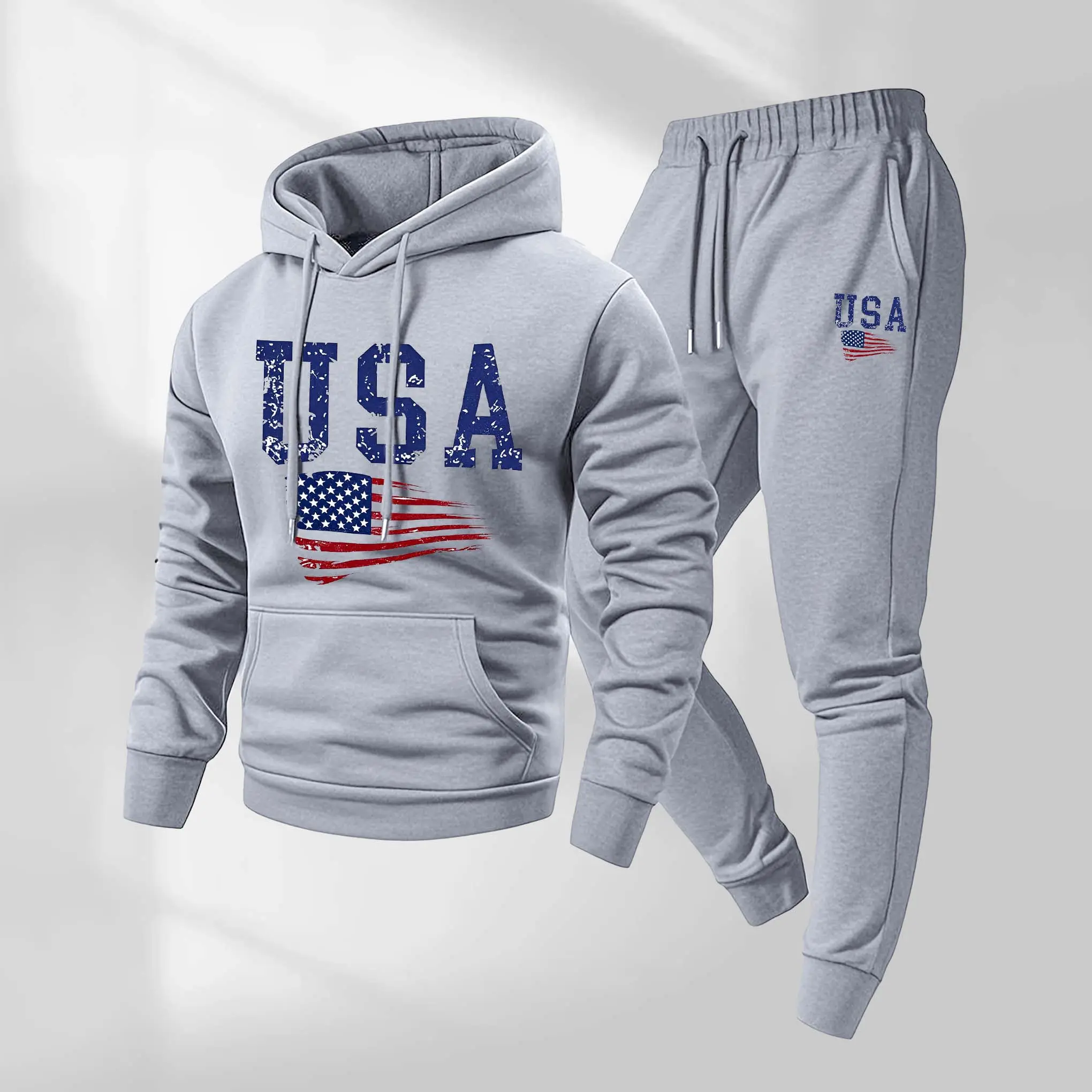 Men's USA Basketball Printed Hooded Sweatshirt And Drawstring Sweatpants Set, Men's Clothing, Casual Long-Sleeved Hooded Jacket And Trousers, Suitable For Autumn And Winter Wear, Men's Everyday Casual Wear, Indoor And Outdoor Sportswear, Tracksuit.