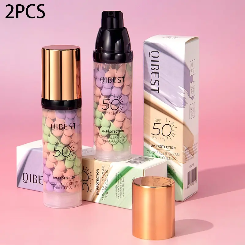 2-Pack Tricolor Protective Primer, Brightening Oil-Control Moisturizer, Color Correcting Brightener, Moisturizing, Hydrating, SPF 50, UV, Waterproof Sweatproof, 3-In-1 Color Corrector Makeup Base, Sunscreen Primer