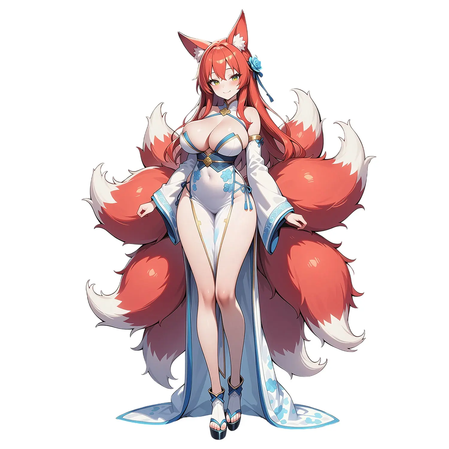 Red Nine-Tailed Fox Spirit Vinyl Decal, Fantasy Anime Character with Flowing Tails and Blue Floral Details, for Laptop Water Bottle Notebook Car Window Decor