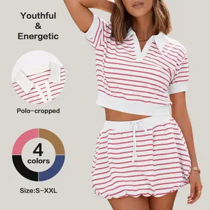 Fisoew Womens Striped 2 Piece Outfits Skort Set Short Sleeves Shirts Bubble Mini Skirt Sets Matching Sets