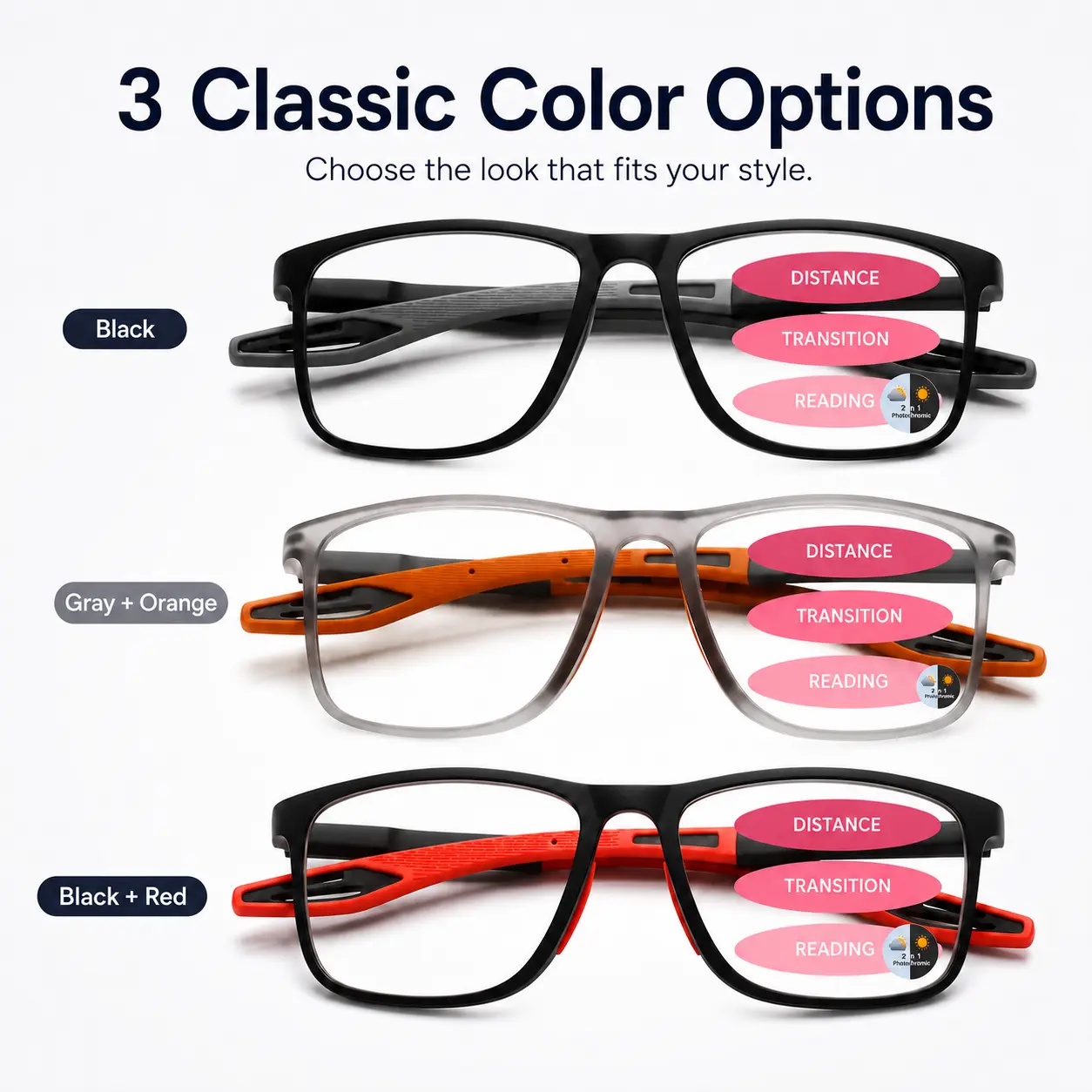 Progressive Multifocal Reading Glasses for Men & Women, HD Blue Light Blocking Computer Readers, Lightweight Oversized Spring Hinge Frames, Mixed Colors