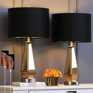 2024 Set Of 2 Mirrored Glass Bedside Table Lamps With 2 USB Ports For Bedrooms Modern Amber Side Nightstand Lamps With Gold Black Fabric Shade Geometric Comtempory Living Room Lamps For End Tables