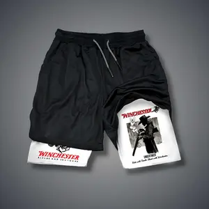 Winchester 80s 90s Double-Layer Sports Shorts Graphic Shorts Black Camo Streetwear Shorts Men Outfits Men Vacation Outfits Shorts