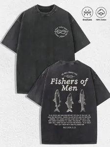 1 PCS GAME.ACE Washed Black Tee, "Fishers of Men" Faith & Scripture Graphic Print, Casual Spiritual Streetwear, 100% Cotton Breathable Unisex T-Shirt, Ideal for Daily Wear, Casual Outings, Great Gift for Believers & Statement Style Lovers